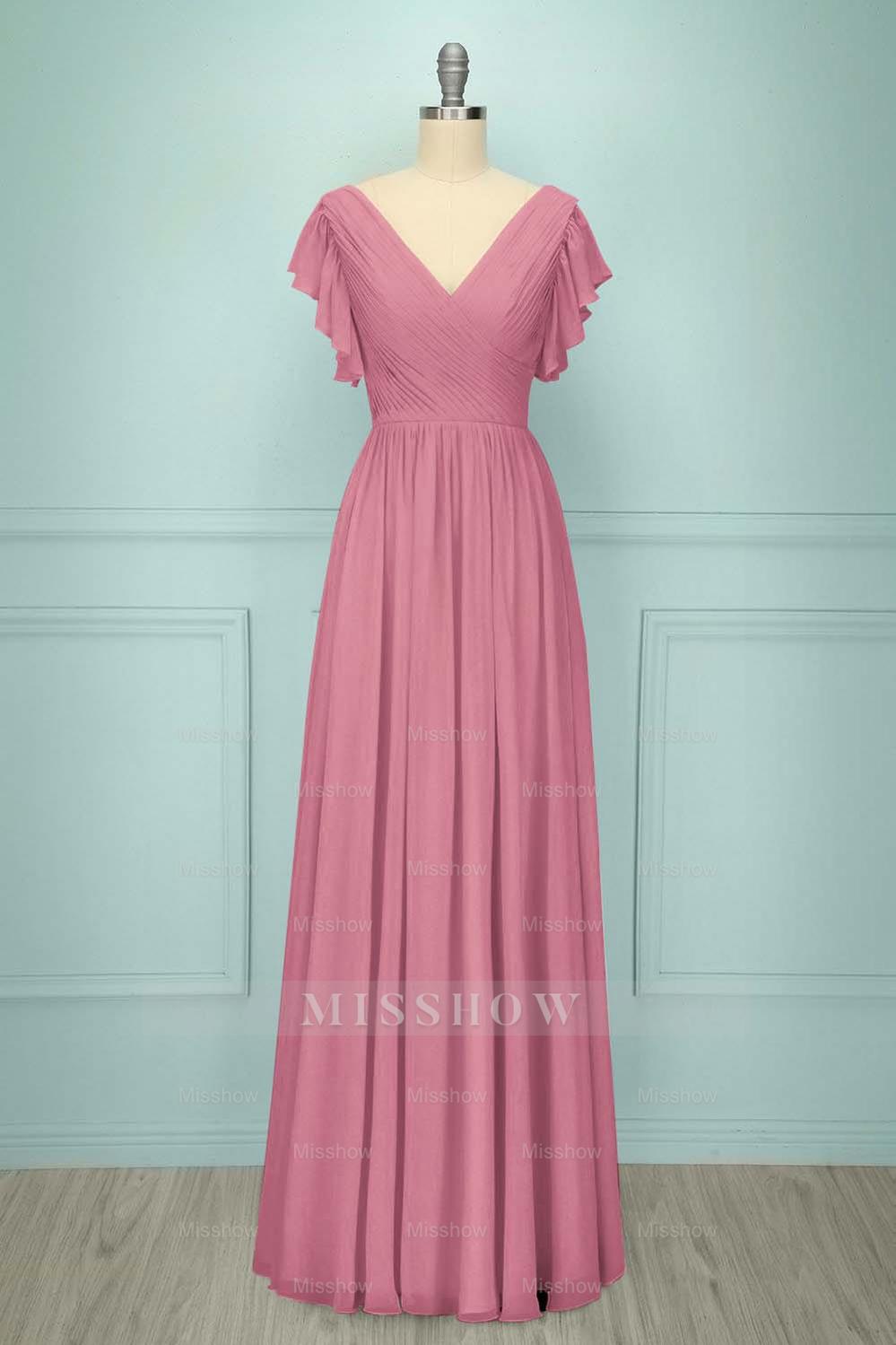 Chiffon V Neck Sleeveless Long Formal Dress With Pleated Ruffle