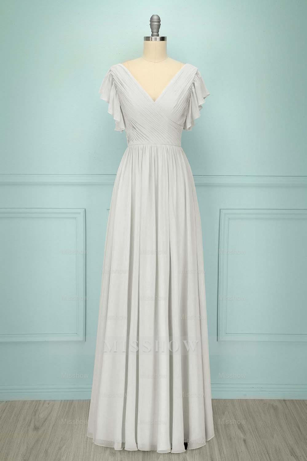 Chiffon V Neck Sleeveless Long Formal Dress With Pleated Ruffle