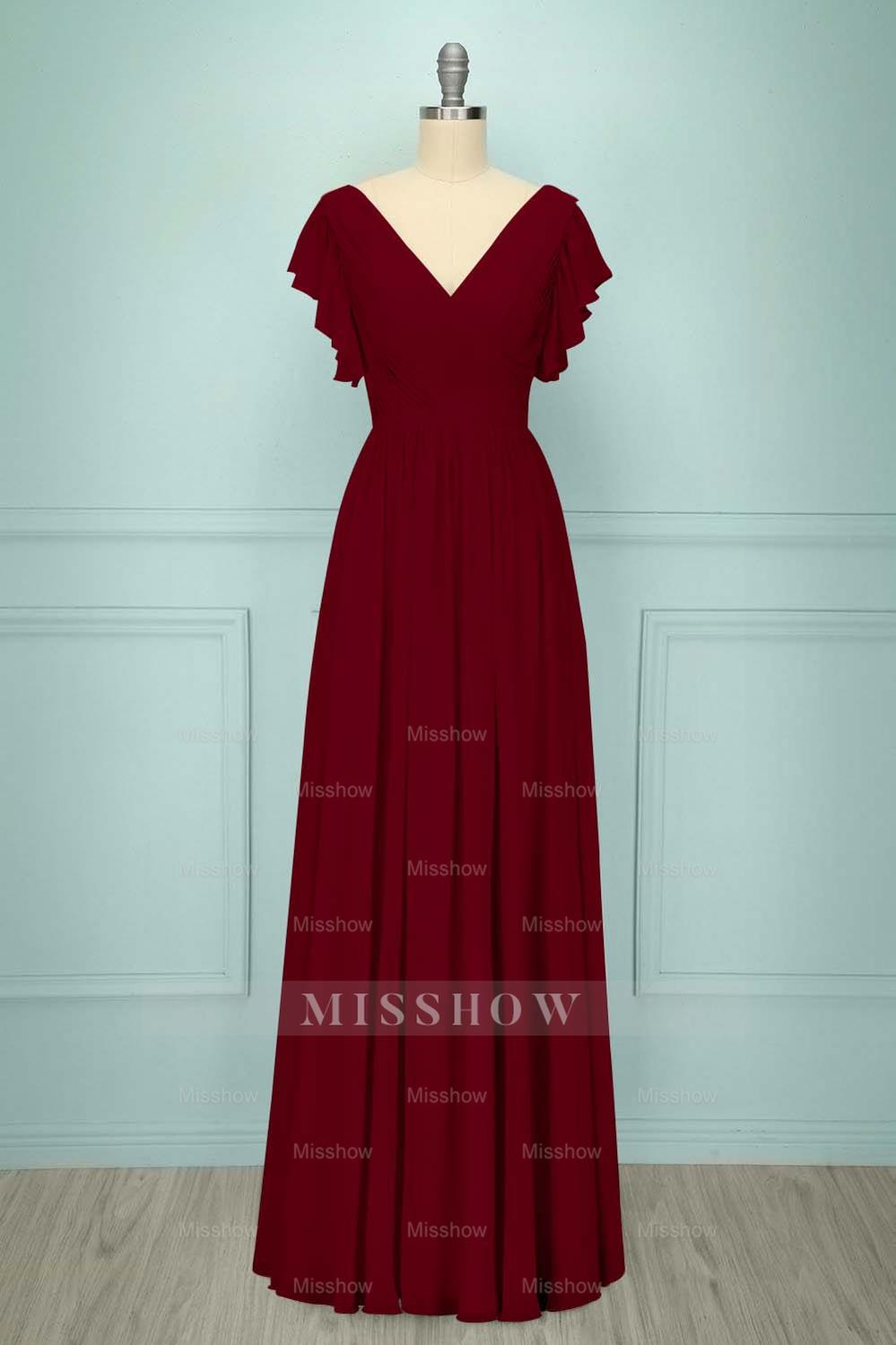 Chiffon V Neck Sleeveless Long Formal Dress With Pleated Ruffle