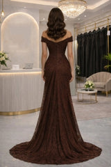 Chocolate Brown Lace Mermaid Evening Dress Off-the-Shoulder Cap Sleeve Pearl Beading Corset Ruched Formal Gown with Train
