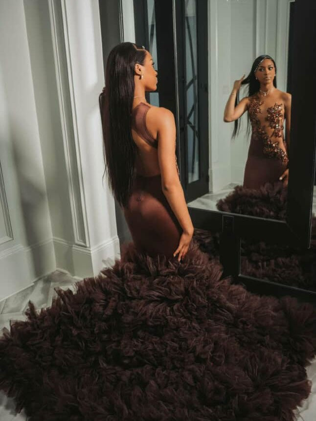 Chocolate Brown Mermaid Prom Dress Halter Neck Sheer Illusion Bronze Crystal 3D Botanical Leaf Vine Scroll Applique Barely There Open Back Voluminous Real Feather Skirt Cathedral Train Gown