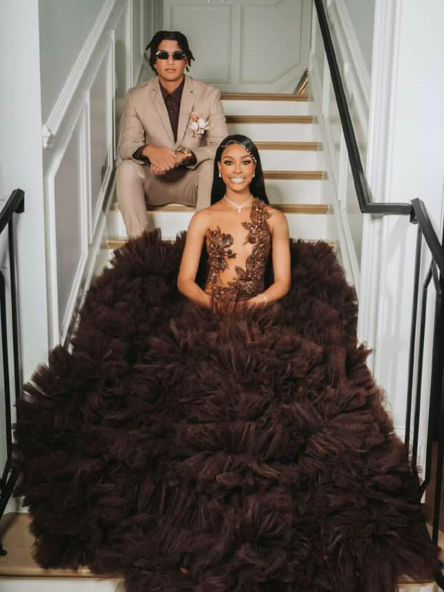 Chocolate Brown Mermaid Prom Dress Halter Neck Sheer Illusion Bronze Crystal 3D Botanical Leaf Vine Scroll Applique Barely There Open Back Voluminous Real Feather Skirt Cathedral Train Gown
