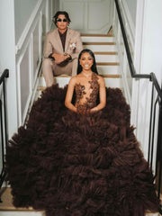 Chocolate Brown Mermaid Prom Dress Halter Neck Sheer Illusion Bronze Crystal 3D Botanical Leaf Vine Scroll Applique Barely There Open Back Voluminous Real Feather Skirt Cathedral Train Gown