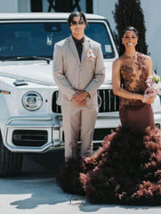 Chocolate Brown Mermaid Prom Dress Halter Neck Sheer Illusion Bronze Crystal 3D Botanical Leaf Vine Scroll Applique Barely There Open Back Voluminous Real Feather Skirt Cathedral Train Gown