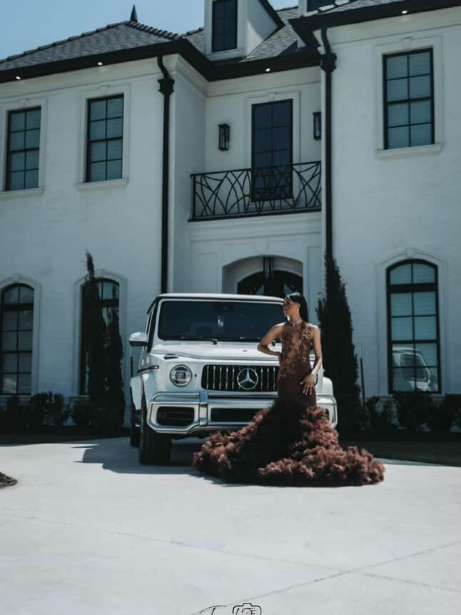 Chocolate Brown Mermaid Prom Dress Halter Neck Sheer Illusion Bronze Crystal 3D Botanical Leaf Vine Scroll Applique Barely There Open Back Voluminous Real Feather Skirt Cathedral Train Gown
