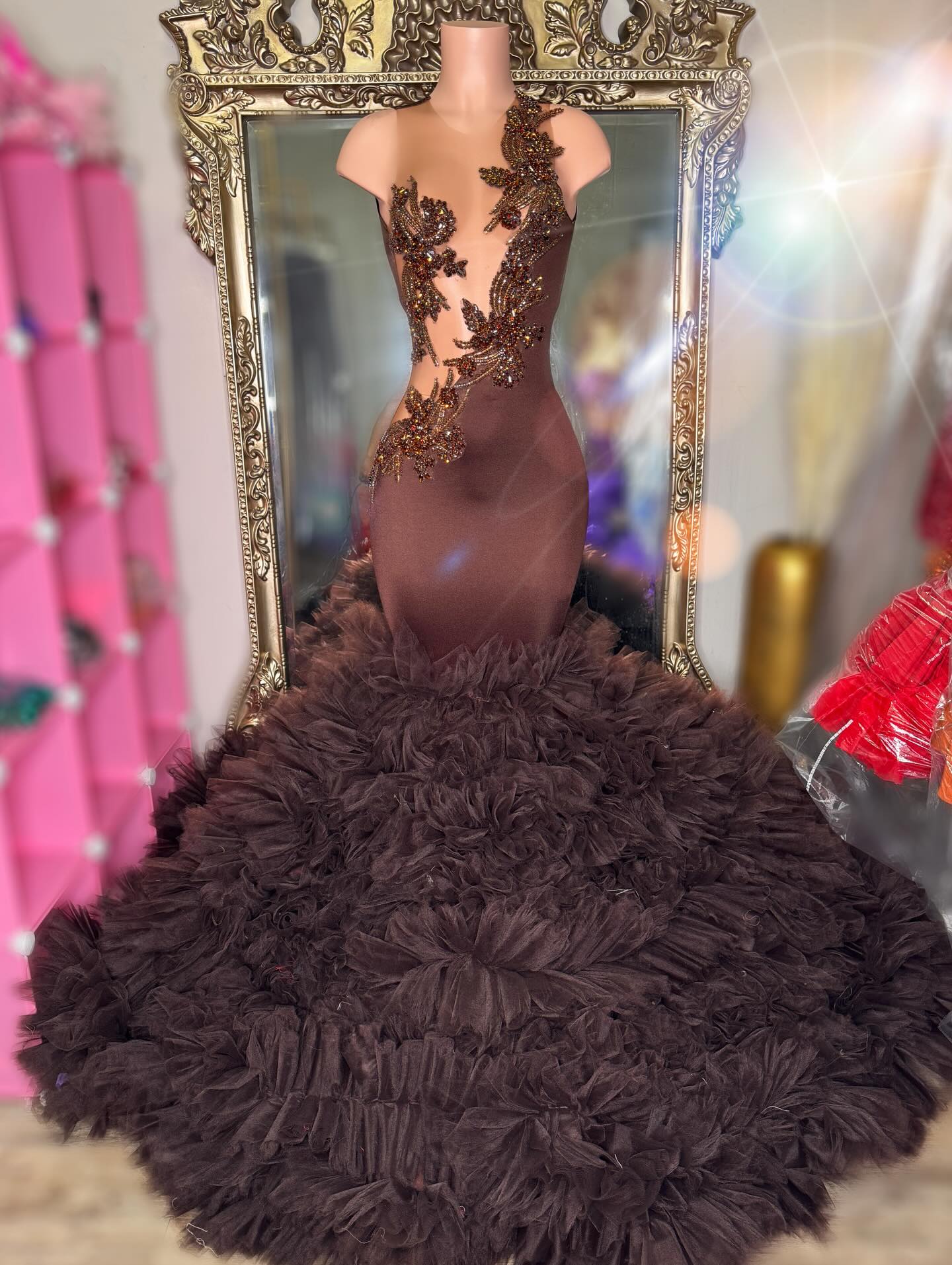 Chocolate Brown Mermaid Prom Dress Halter Neck Sheer Illusion Bronze Crystal 3D Botanical Leaf Vine Scroll Applique Barely There Open Back Voluminous Real Feather Skirt Cathedral Train Gown