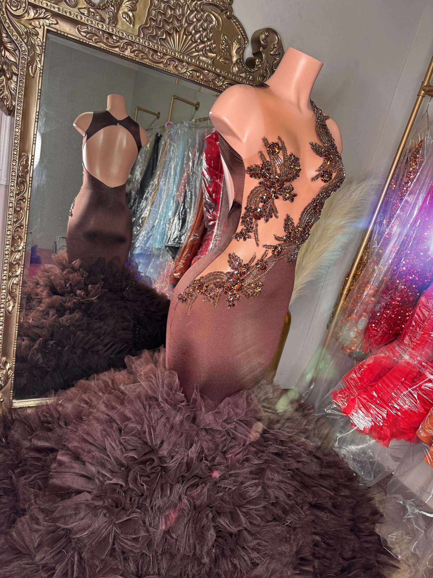 Chocolate Brown Mermaid Prom Dress Halter Neck Sheer Illusion Bronze Crystal 3D Botanical Leaf Vine Scroll Applique Barely There Open Back Voluminous Real Feather Skirt Cathedral Train Gown