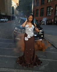 Chocolate Brown Mermaid Prom Dress Strapless Sweetheart Sheer Illusion Heavy Silver Crystal Rhinestone Beading Oversized 3D White Silver Satin Rose Bloom Bodice Scattered Rhinestone Ruffle Hem Sweep Train Gown