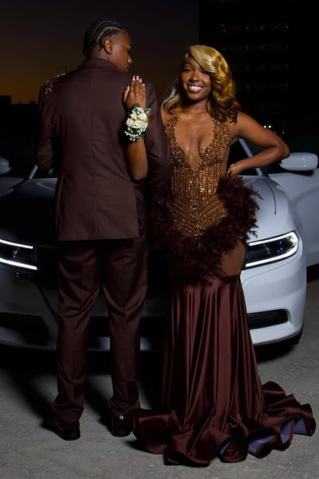 Chocolate Mermaid Prom Dress Halter Deep V Sheer Illusion Bronze Gold Crystal 3D Botanical Leaf Vine Beaded Barely There Real Feather Waist Panels Satin Skirt Cathedral Train Gown