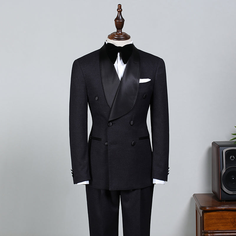 Classic All Black Double Breasted Custom Groom’s Wedding Suit
