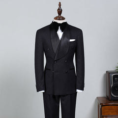 Classic All Black Double Breasted Custom Groom’s Wedding Suit