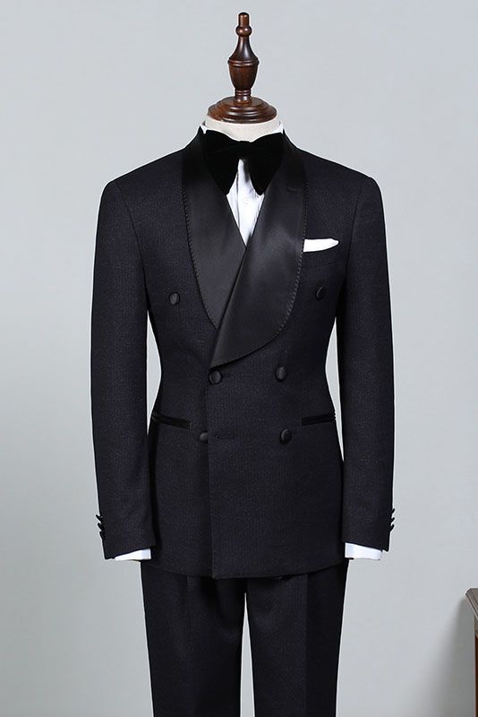 Classic All Black Double Breasted Custom Groom’s Wedding Suit