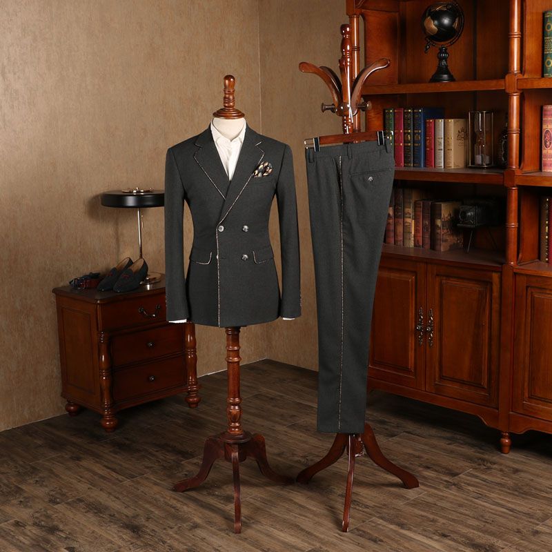 Classic All Black Double Breasted Slim Fit Tailored Business Suit