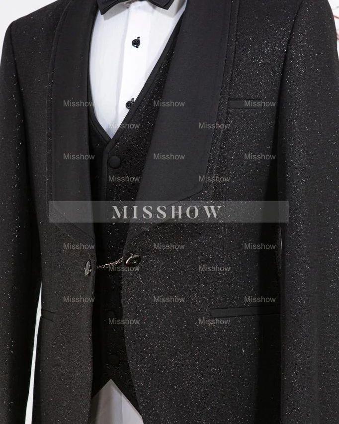 Classic Black Shawl Collar Three-Piece Sequined Wedding Suit