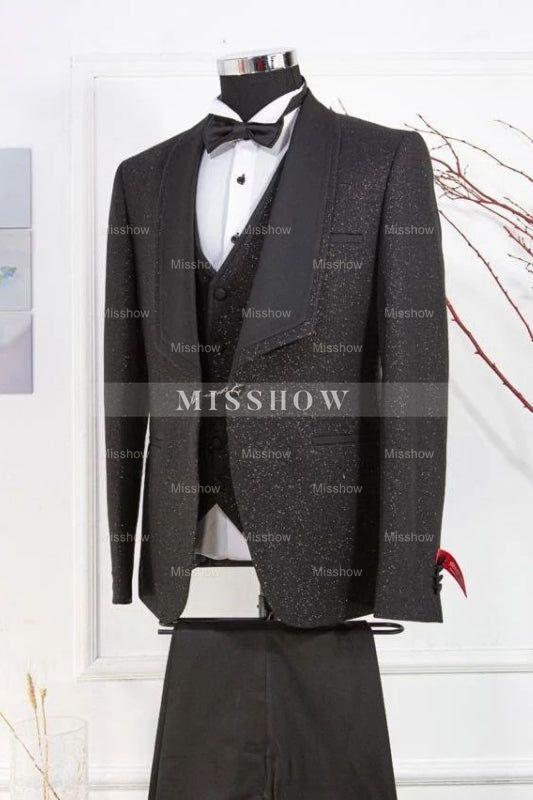 Classic Black Shawl Collar Three-Piece Sequined Wedding Suit