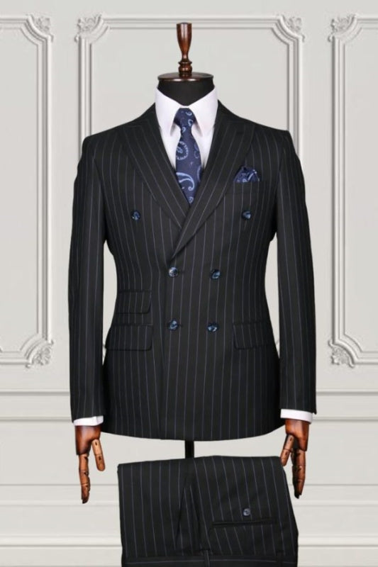 Classic Black Stripe Peak Lapel Double-Breasted Business Suit