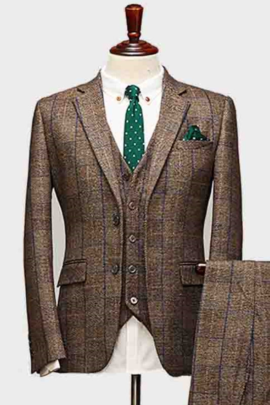 Classic Coffee Plaid Notched Lapel Three-Piece Business Suit