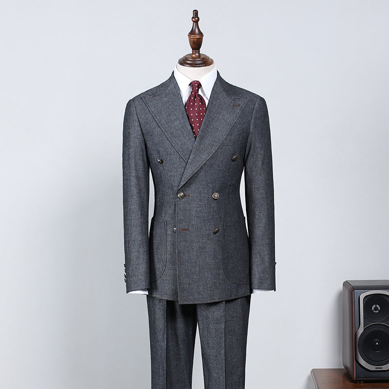 Classic Dark Gray Peak Lapel Double Breasted Formal Suit