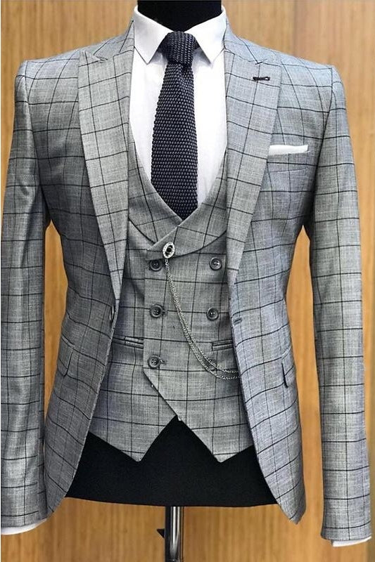 Classic Gray Plaid Peaked Lapel Three-Piece Business Suit