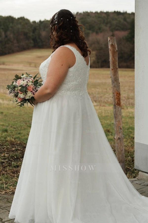 Classic Ivory V-Neck Sleeveless A-Line Wedding Dress with Appliques