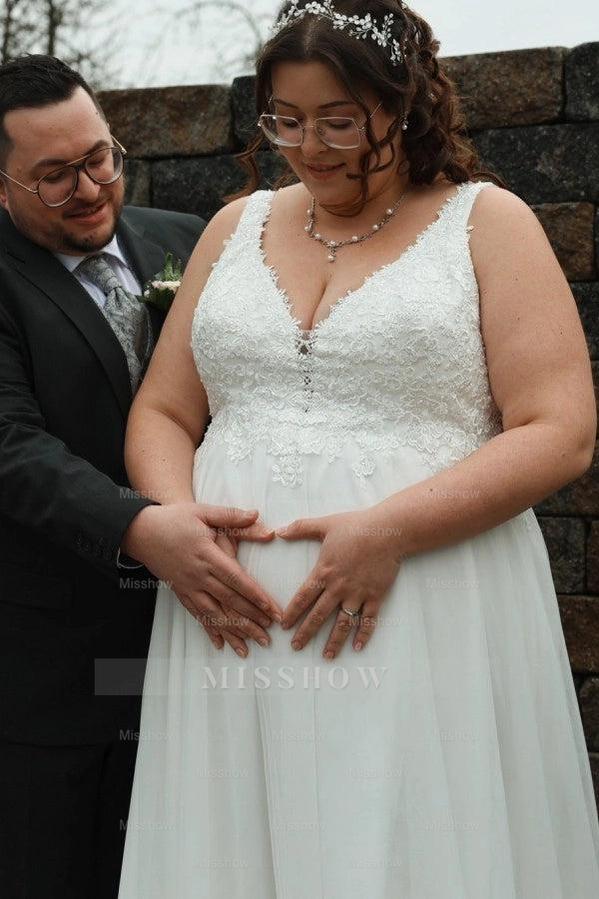 Classic Ivory V-Neck Sleeveless A-Line Wedding Dress with Appliques