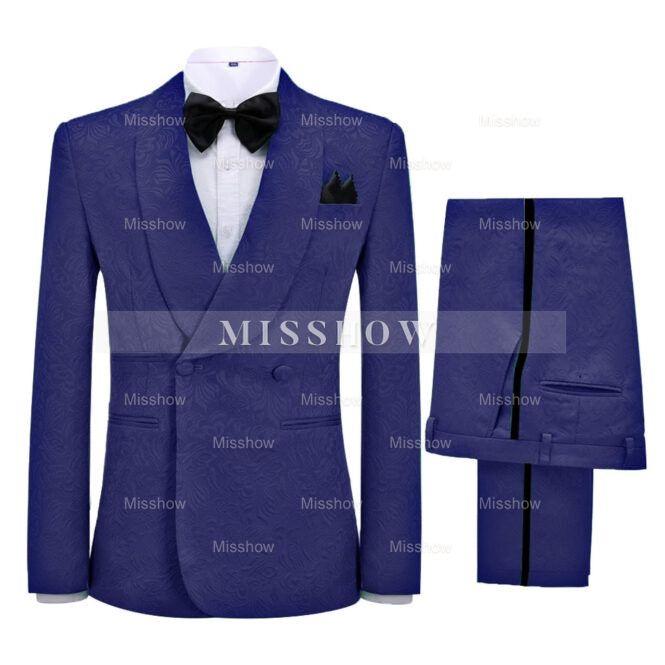 Classic Navy Blue Jacquard Shawl Collar Double-Breasted Wedding Suit