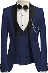 Classic Navy Blue Three-Piece Peaked Lapel Prom Suit