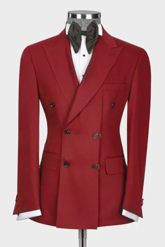 Classic Red Double-Breasted Peaked Lapel Prom Suit