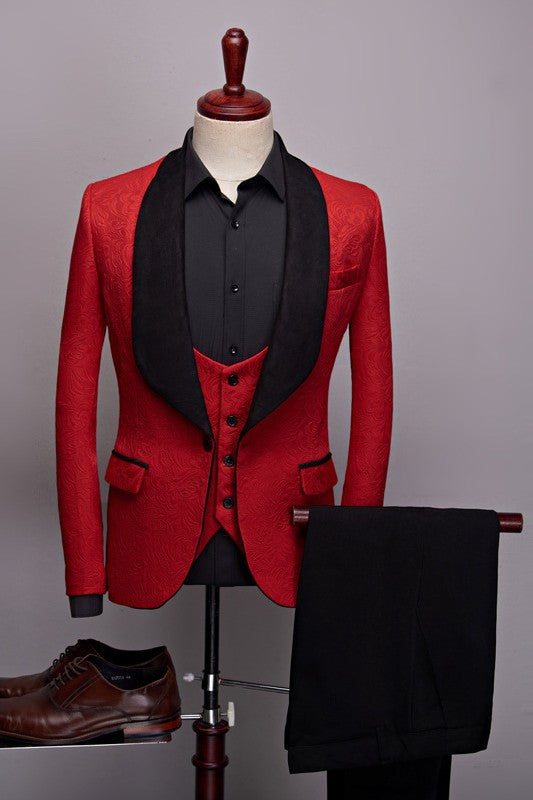 Classic Red Jacquard One-Button Three-Piece Wedding Ensemble With Black Shawl Collar