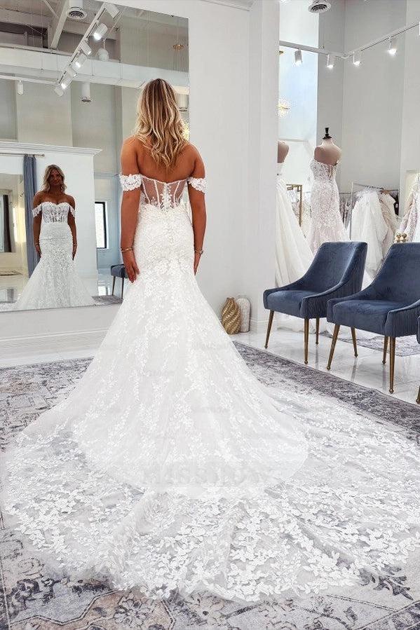 Classic White Off-The-Shoulder Sleeveless Mermaid Wedding Dress with Appliques