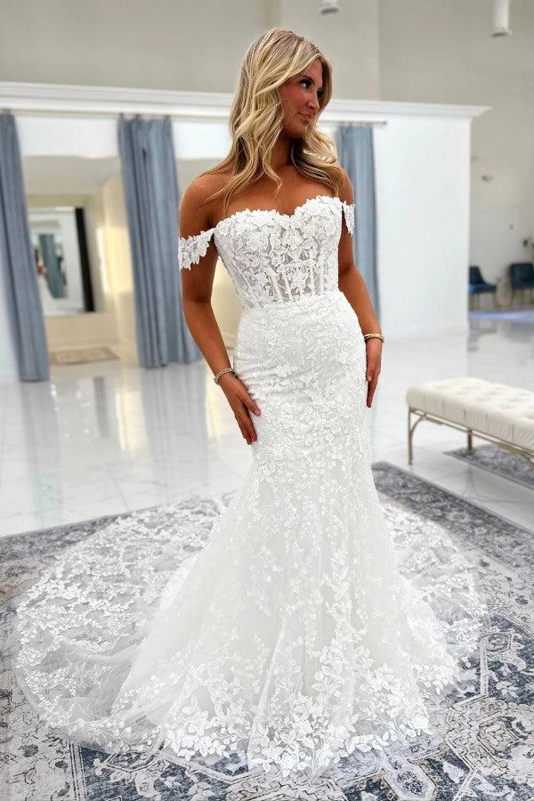 Classic White Off-The-Shoulder Sleeveless Mermaid Wedding Dress with Appliques