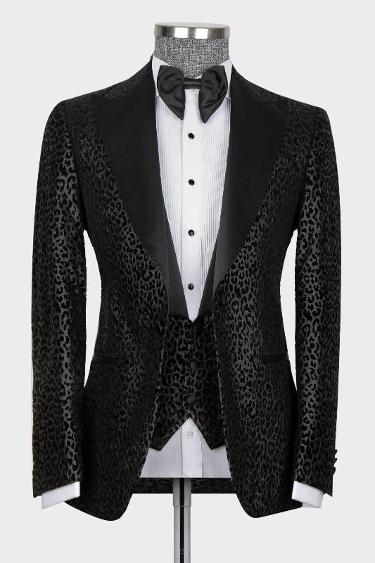 Classical Black Jacquard Peaked Lapel Three-Piece Prom Suit