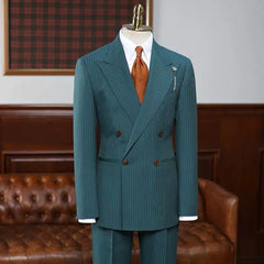 Classical Blue Striped Double-Breasted Peaked Lapel Prom Suit