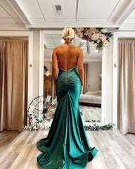 Classy Dark Green Halter Sleeveless Backless Mermaid Prom Dress with Rhinestones