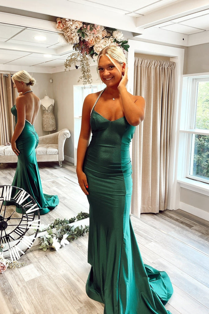 Classy Dark Green Halter Sleeveless Backless Mermaid Prom Dress with R –  misshow.com