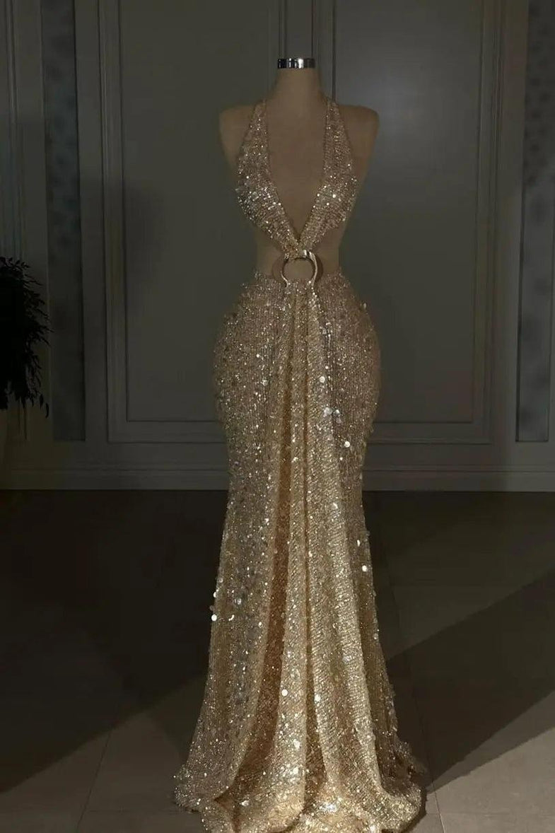 Classy Gold Halter Backless Sequins Sparkly Sleeveless Evening Dress –