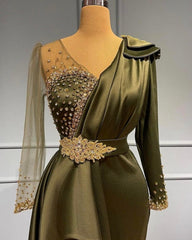 Classy V-neck Long Sleeves Beading Mermaid Prom Evening Dresses With Side Train