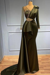 Classy V-neck Long Sleeves Beading Mermaid Prom Evening Dresses With Side Train