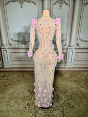 Colorful Mermaid High-Neck 3D Flowers Beaded Long Sleeves Front Slit Tulle Long Evening Dresses With Rhinestones