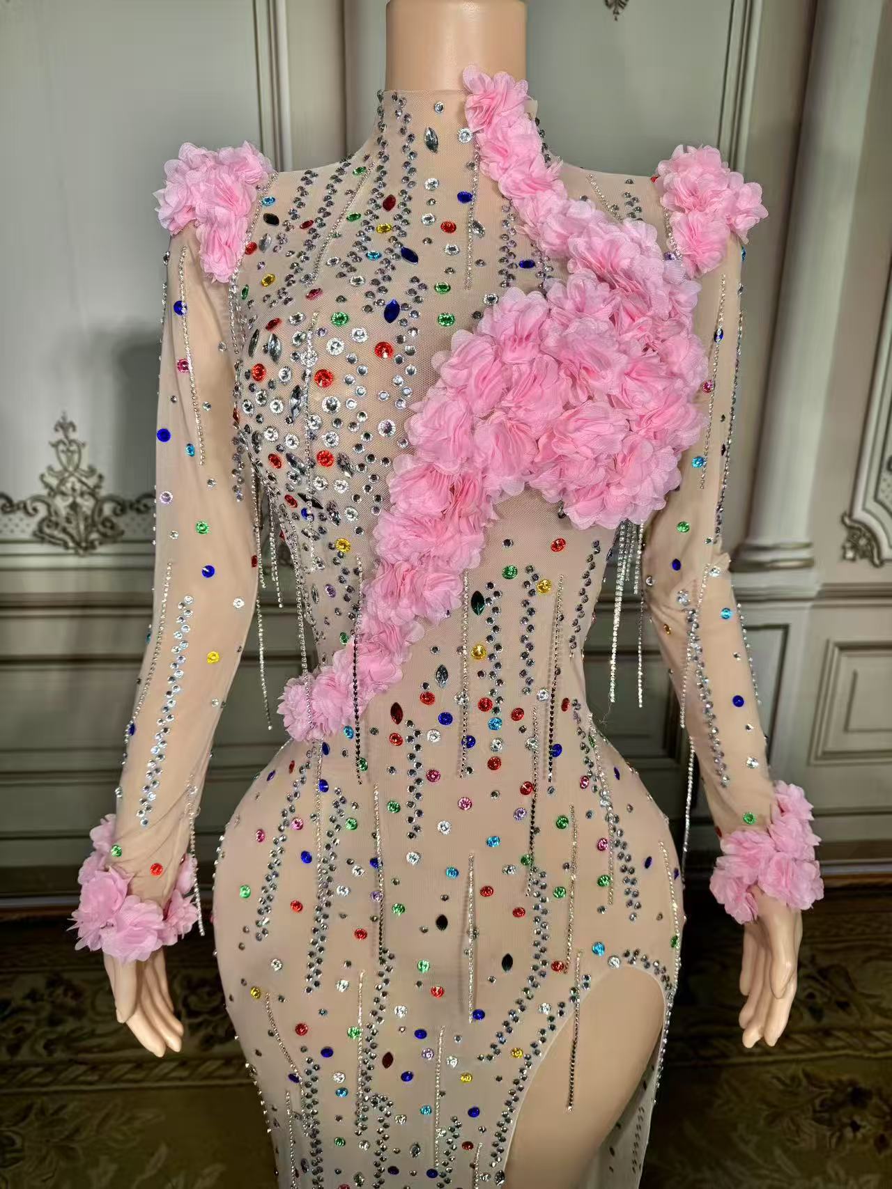 Colorful Mermaid High-Neck 3D Flowers Beaded Long Sleeves Front Slit Tulle Long Evening Dresses With Rhinestones