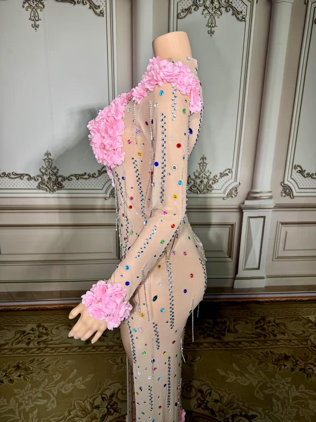 Colorful Mermaid High-Neck 3D Flowers Beaded Long Sleeves Front Slit Tulle Long Evening Dresses With Rhinestones