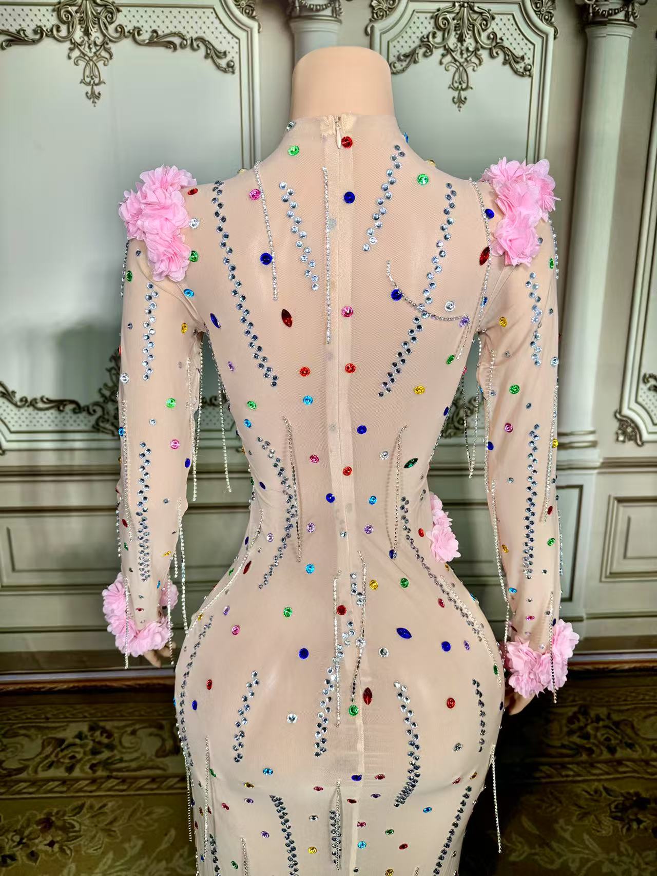 Colorful Mermaid High-Neck 3D Flowers Beaded Long Sleeves Front Slit Tulle Long Evening Dresses With Rhinestones