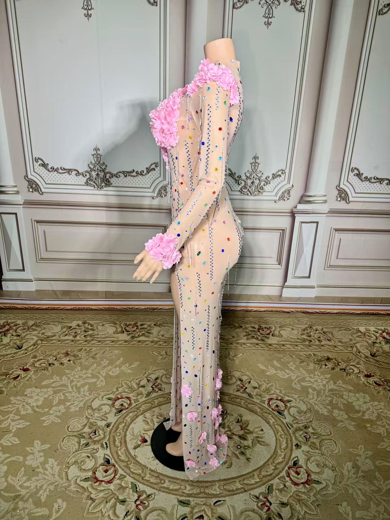 Colorful Mermaid High-Neck 3D Flowers Beaded Long Sleeves Front Slit Tulle Long Evening Dresses With Rhinestones