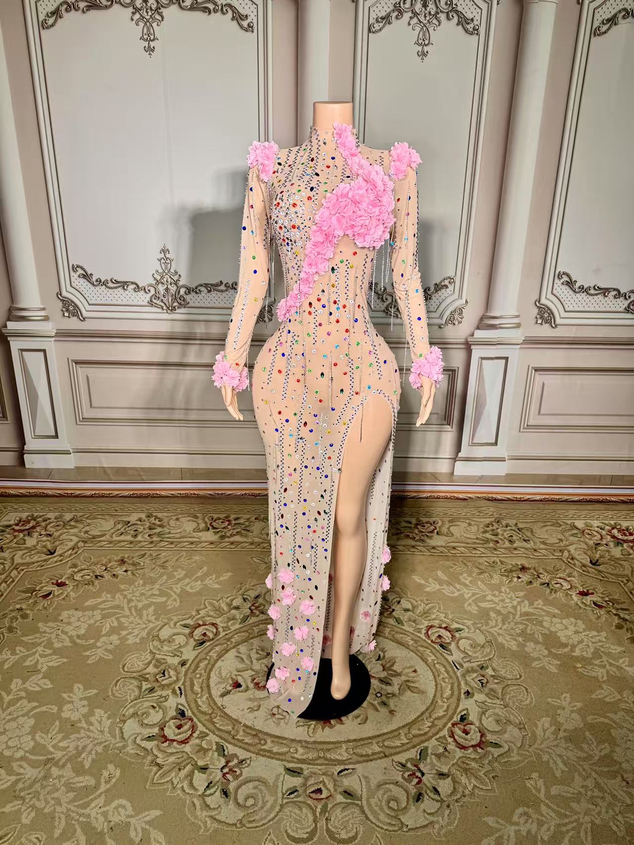 Colorful Mermaid High-Neck 3D Flowers Beaded Long Sleeves Front Slit Tulle Long Evening Dresses With Rhinestones