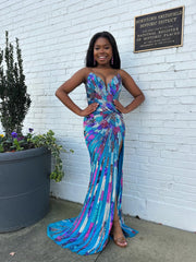 Colorful Sweetheart Sleeveless Front Split Mermaid Prom Dress with Beadings
