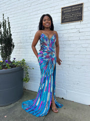 Colorful Sweetheart Sleeveless Front Split Mermaid Prom Dress with Beadings