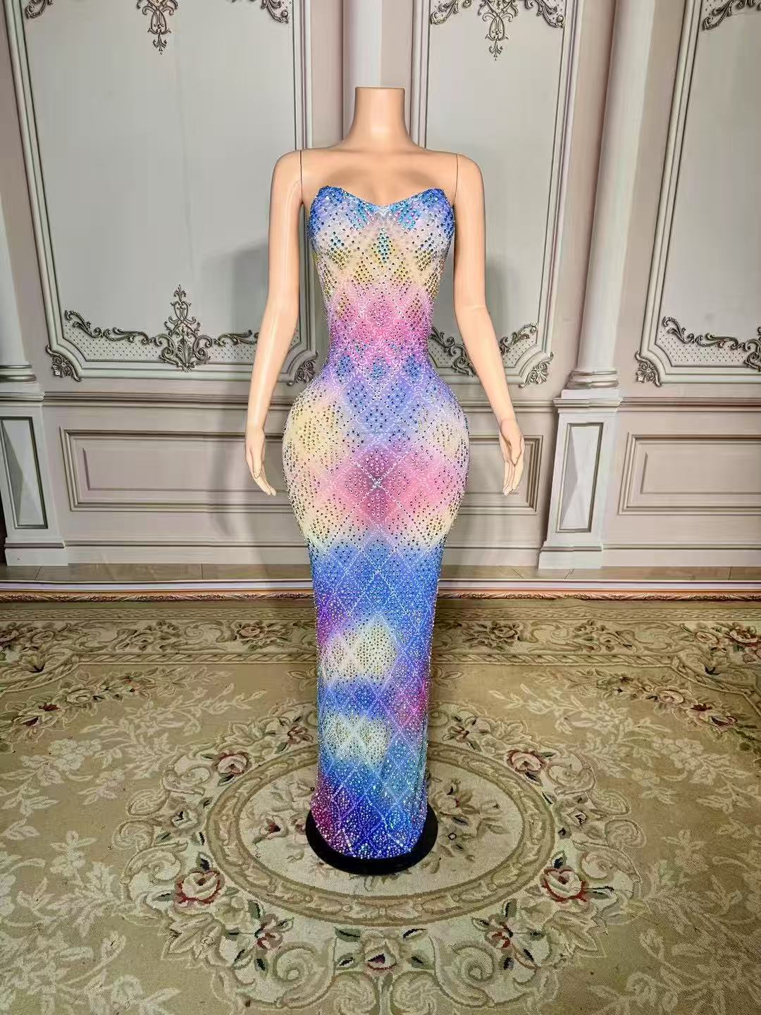 Colorful Sweetheart Column Beaded Sleeveless Floor-Length Slit Tulle Evening Dresses With Rhinestones