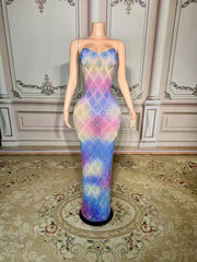Colorful Sweetheart Column Beaded Sleeveless Floor-Length Slit Tulle Evening Dresses With Rhinestones
