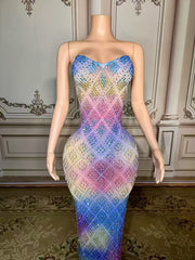 Colorful Sweetheart Column Beaded Sleeveless Floor-Length Slit Tulle Evening Dresses With Rhinestones