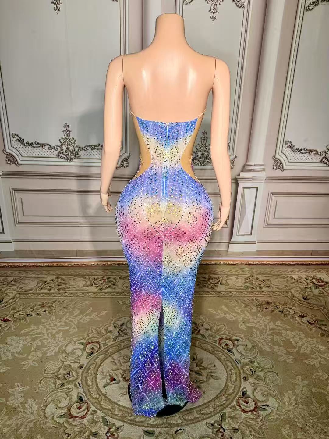 Colorful Sweetheart Column Beaded Sleeveless Floor-Length Slit Tulle Evening Dresses With Rhinestones